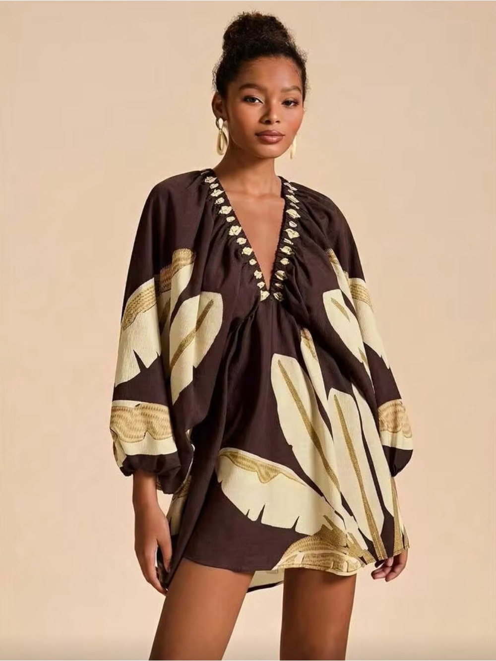 Women’s Brown Leaf-Print Swim Cover-Up Tunic